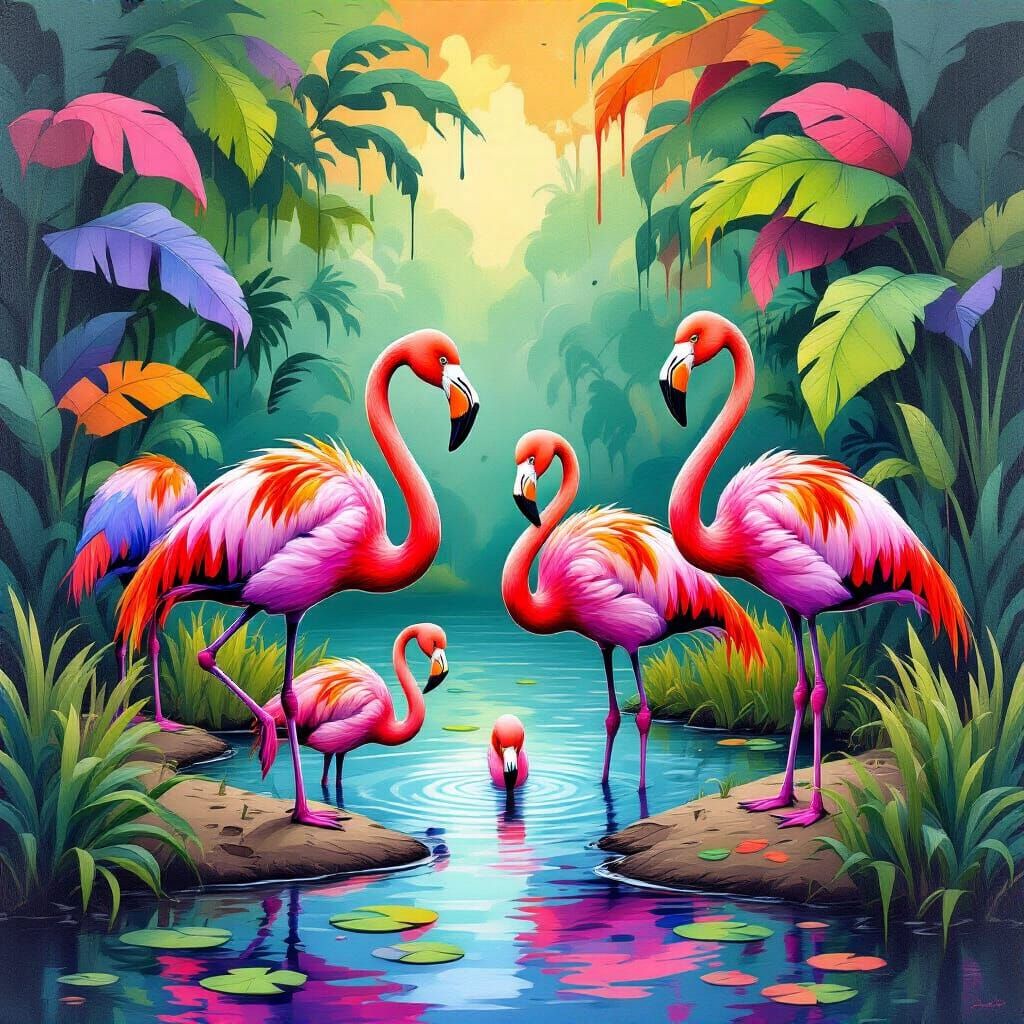 Vibrant Flamingos in Graffiti Splash Art Style