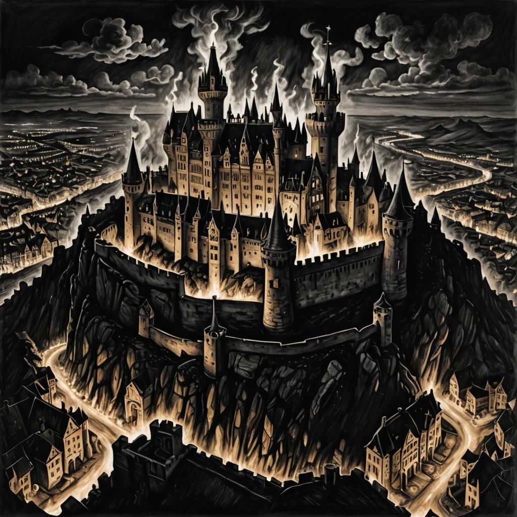 Dramatic Aerial View of a Castle at Night