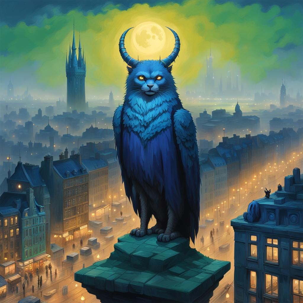 Cat Perched in Gothic Cityscape at Dusk