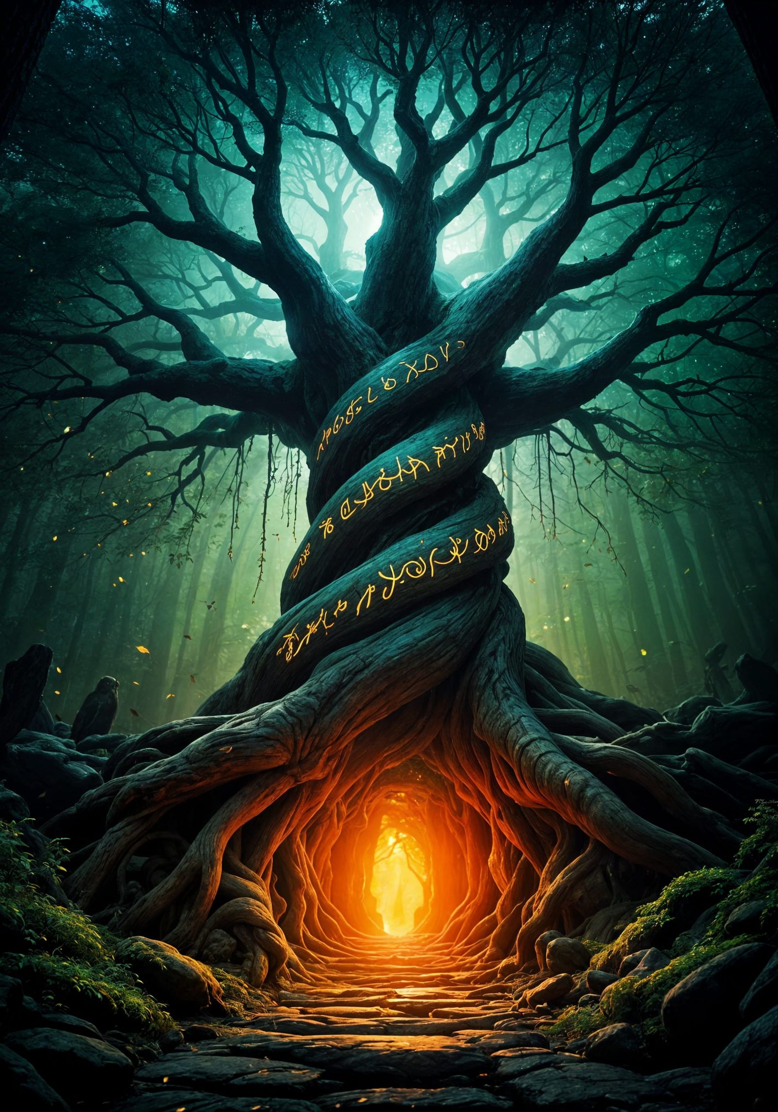 Ethereal Primordial Tree with Glowing Roots and Leaves