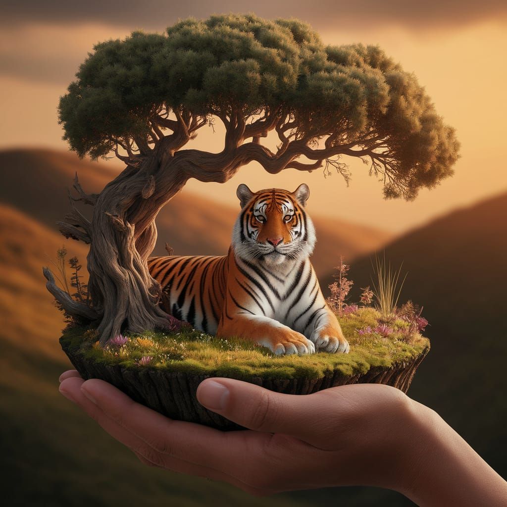 Surreal Forest on Palm with Tiger Under Tree
