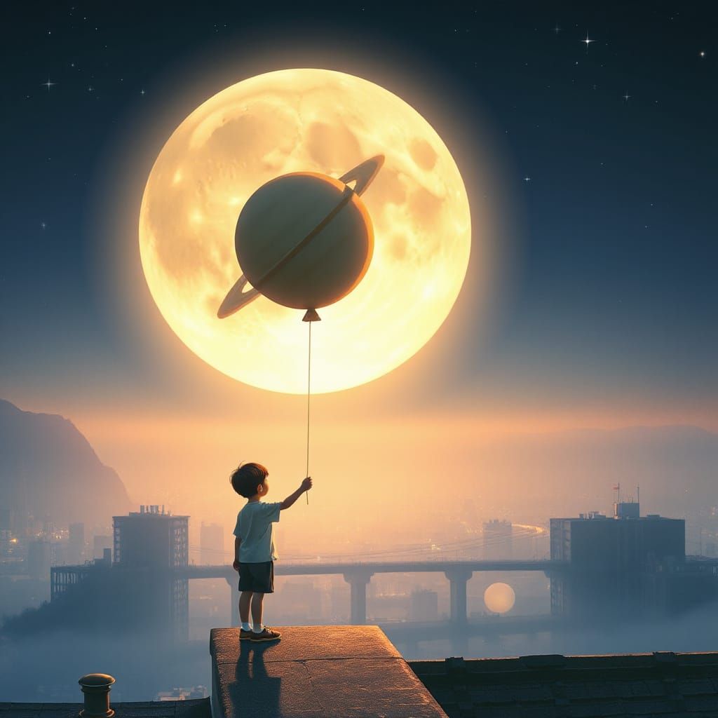 A child holding a balloon shaped like Saturn