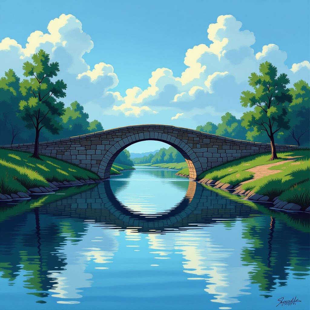 Serene River Landscape with Stone Bridge