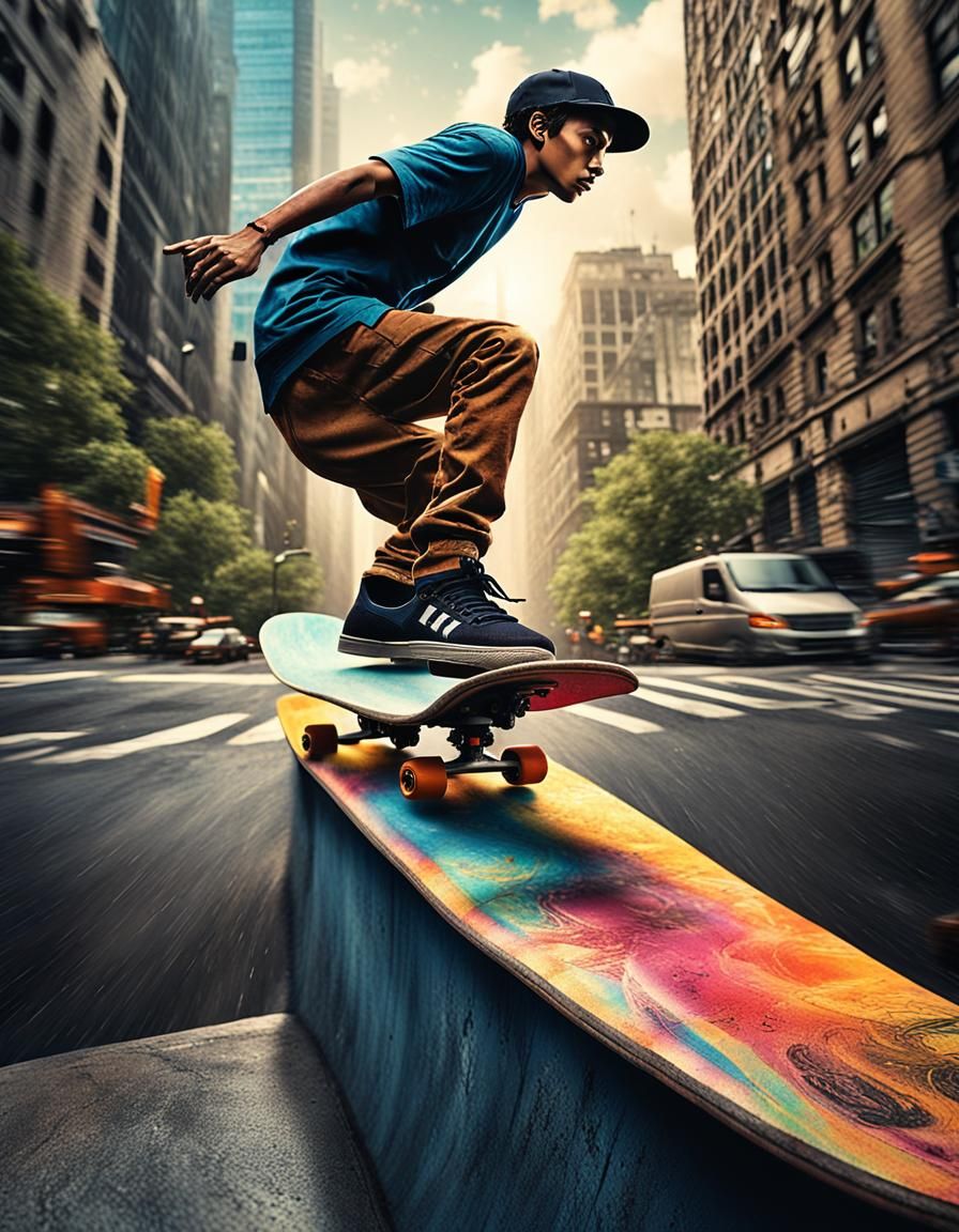 Skateboarder Glides Through Urban Landscape: Matte Painting