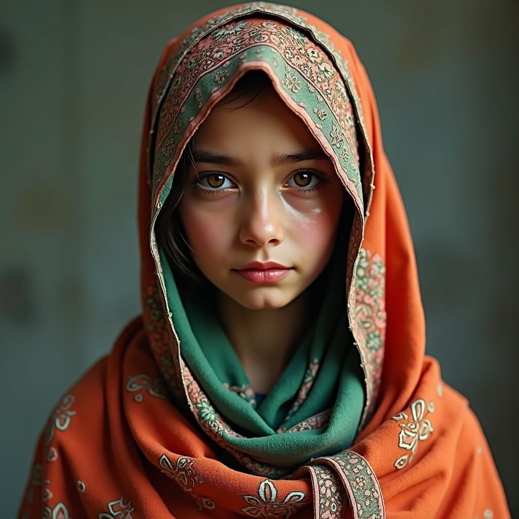 Girl in Pink Hijab Amidst War, Hyperrealistic Portrait