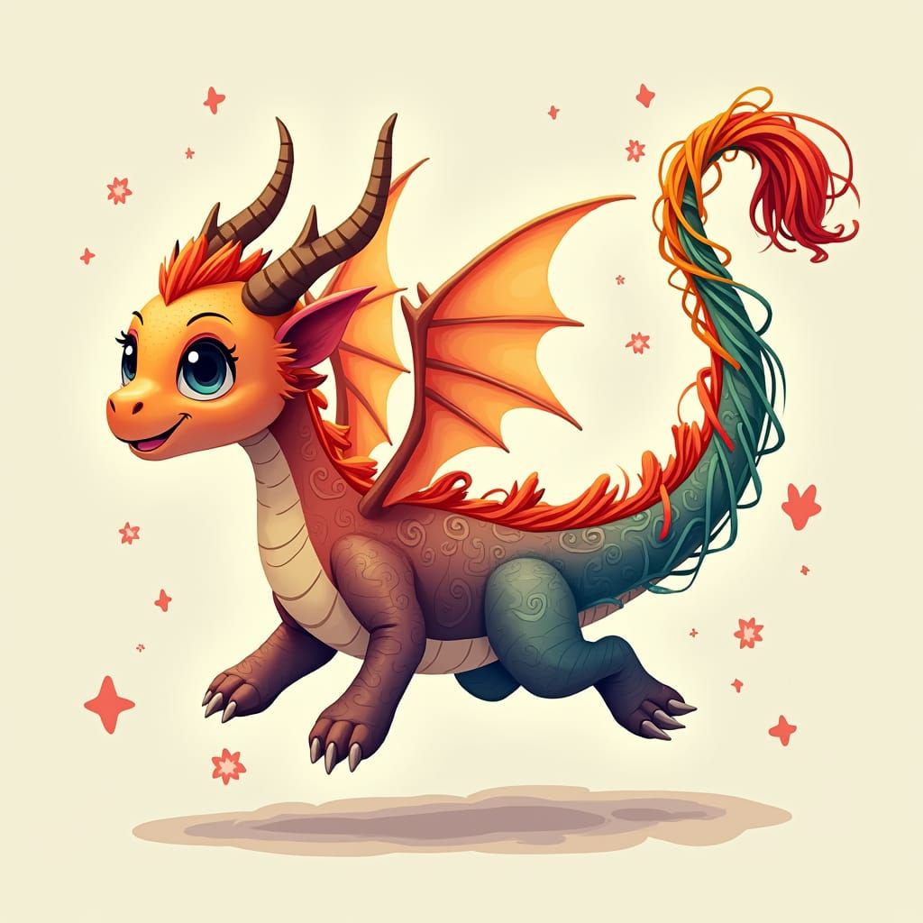 Whimsical Yarn Dragon Soaring in Cartoon Style