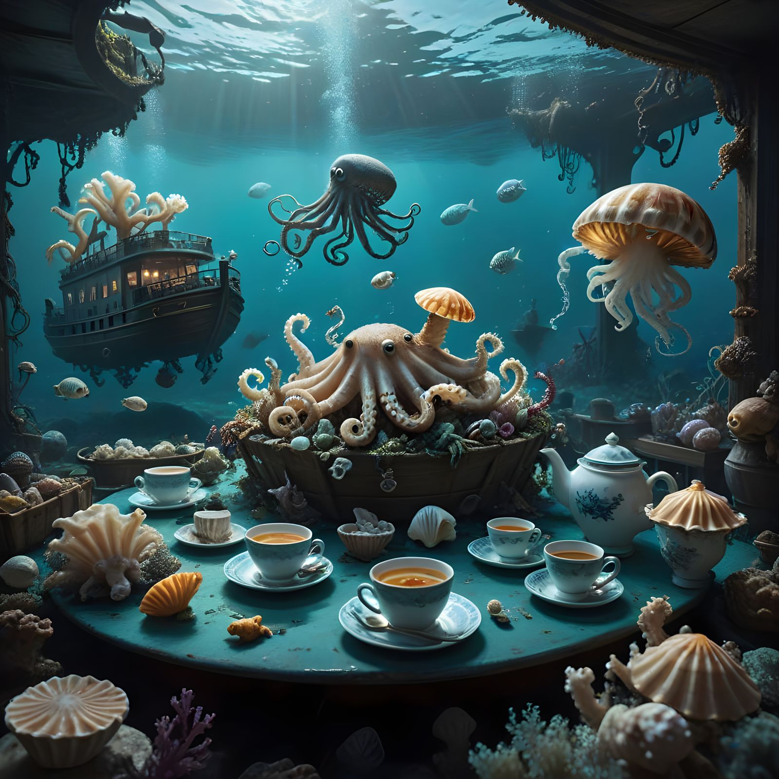 Surreal Underwater Gathering in Digital Fantasy