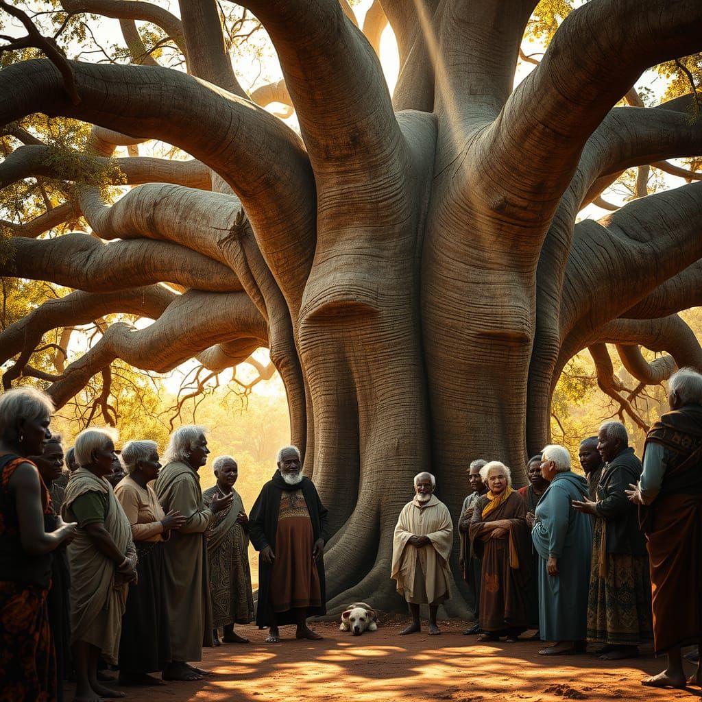 Serene African Village Scene with Ancient Baobab Tree