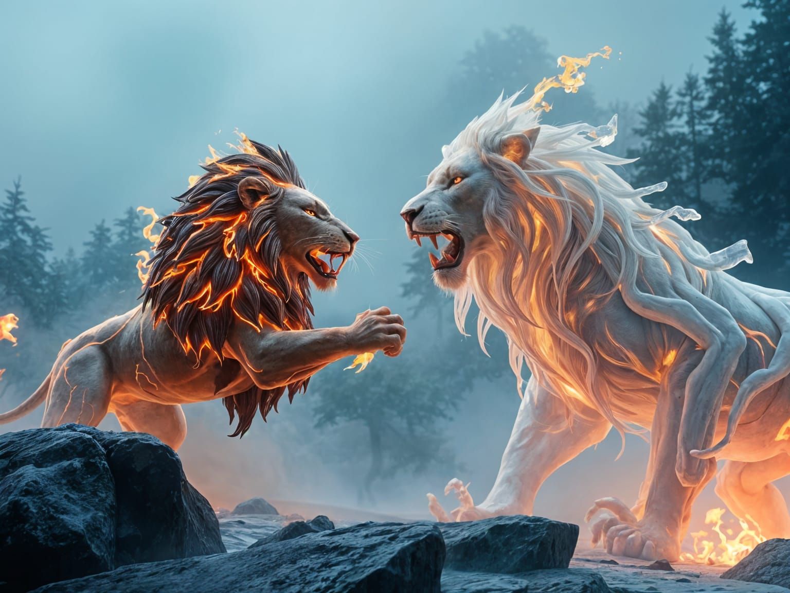 Fire Lion vs Ice Lion in Misty Underworld