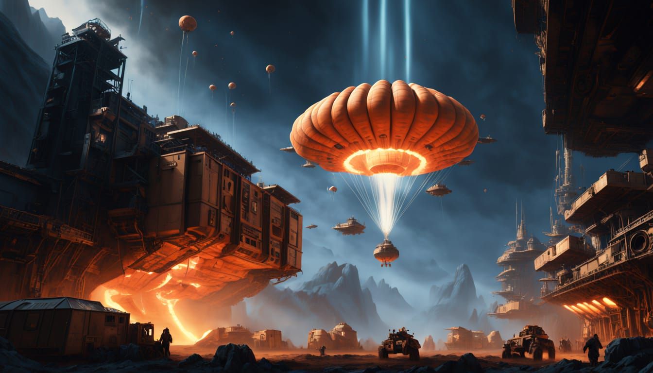 Spaceship Ejects Cargo Over Dusty Mining Colony