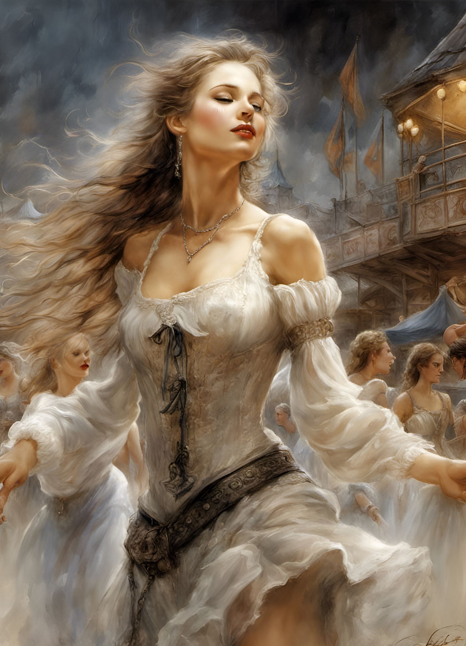 Joyful Woman Dancing at Fair in Dark Fantasy Style