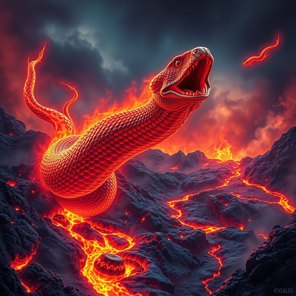 Molten Lava Diamondback Snake in Volcanic Sky