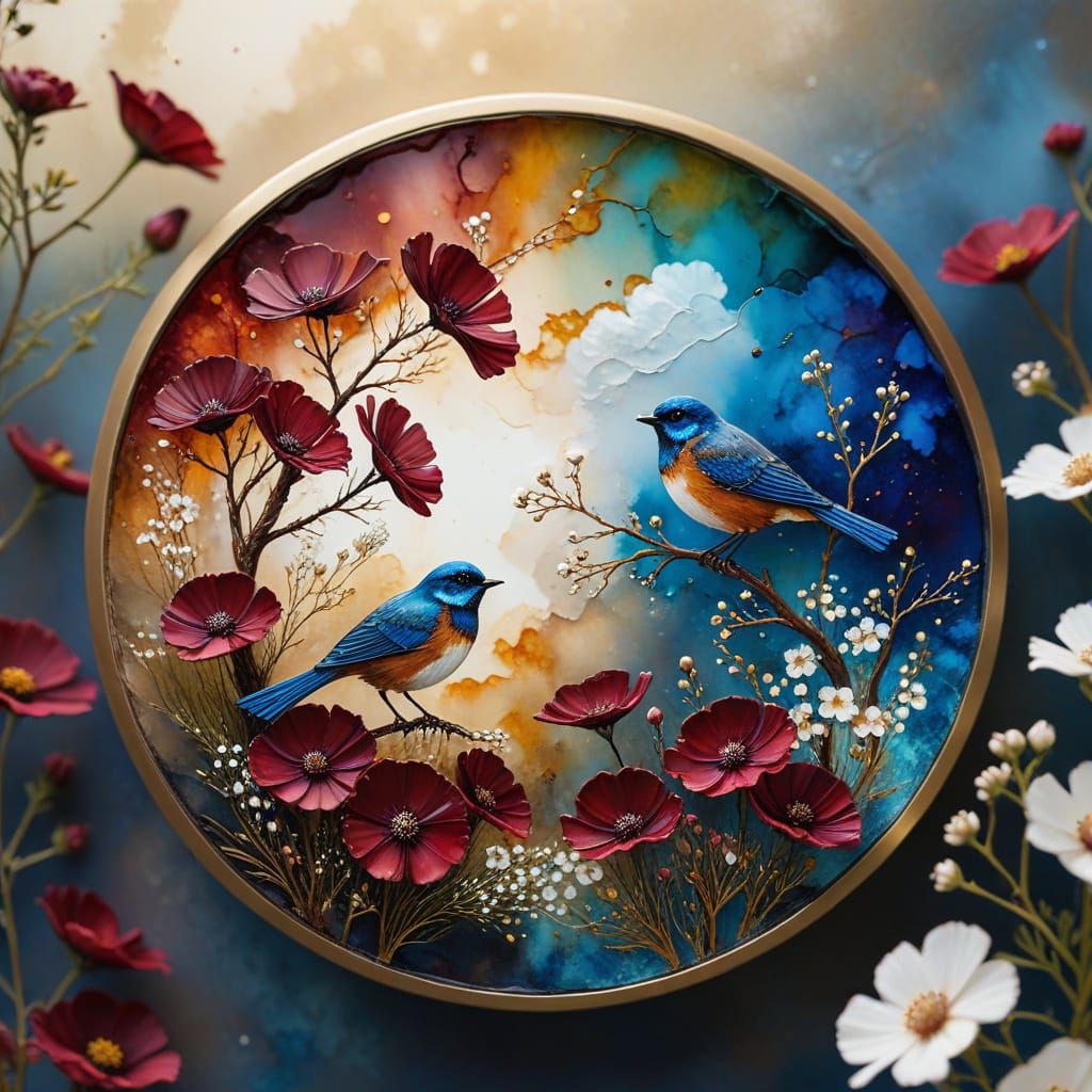 Alcohol Ink Art: Circular Floral Design with Bird