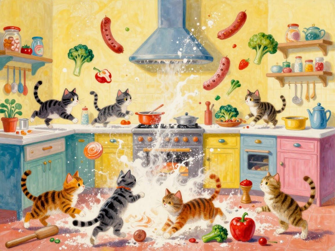 Whimsical Cats Baking and Cooking in a Chaotic Kitchen