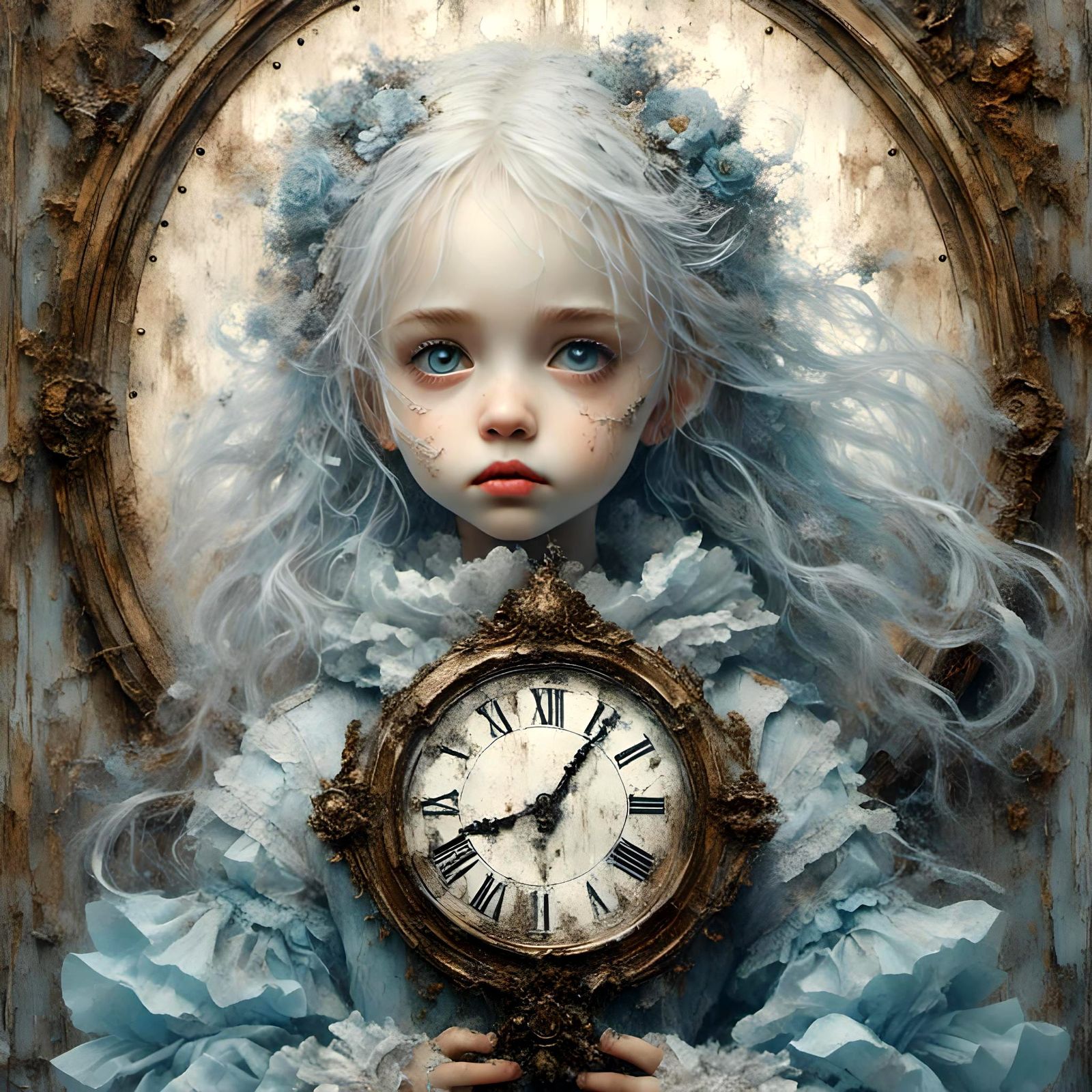 Gothic Girl with Antique Clock Illustration