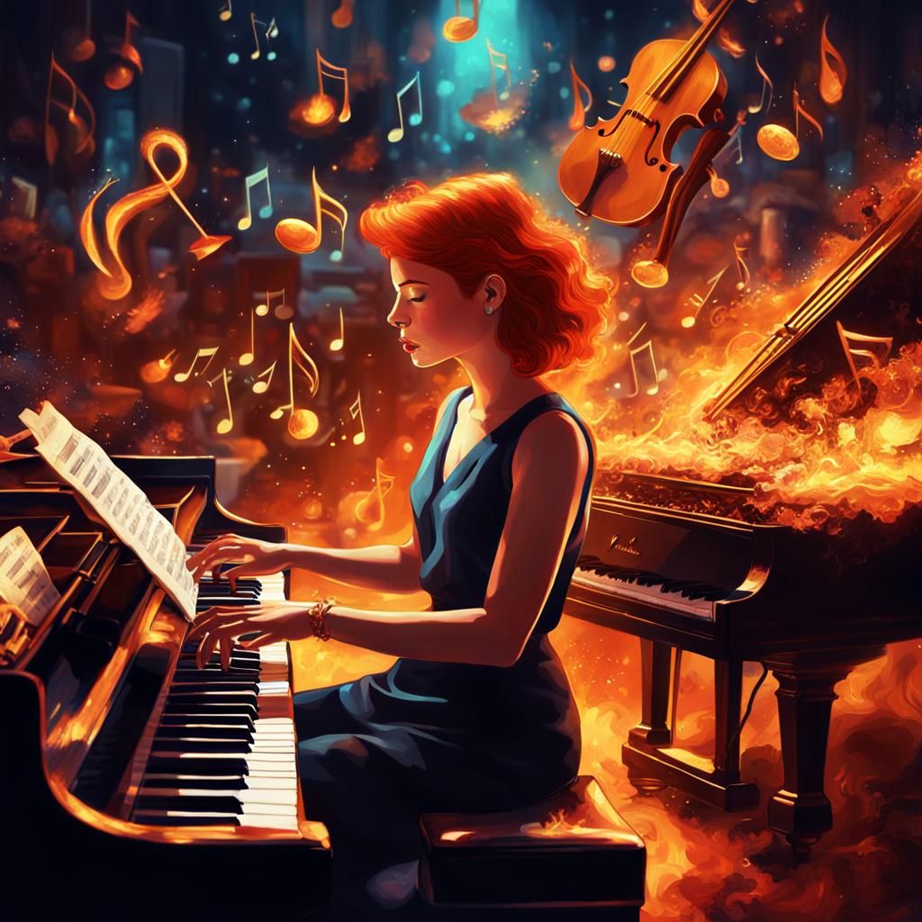 Fiery Redhead Pianist in Jazz Club: Digital Matte Painting