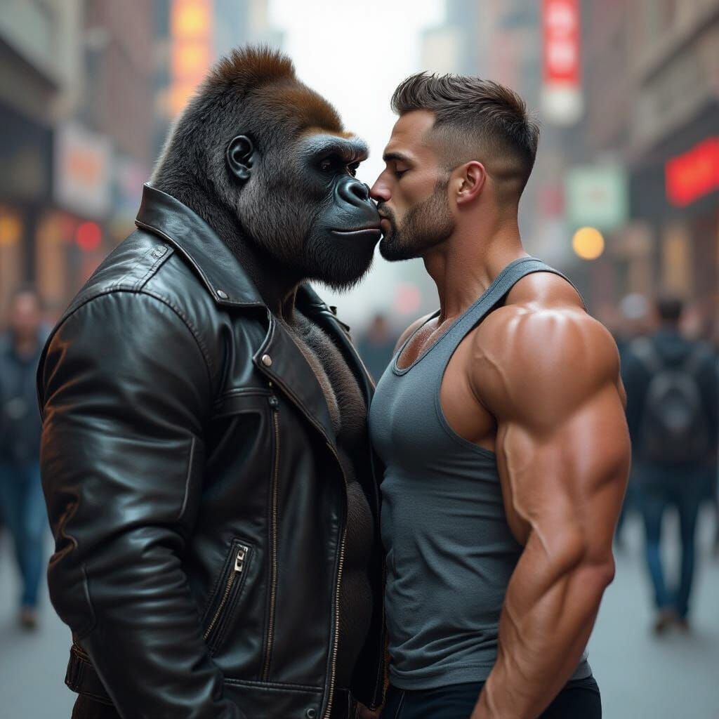 Gorilla and Bodybuilder Kiss in Retro-Futuristic Cityscape