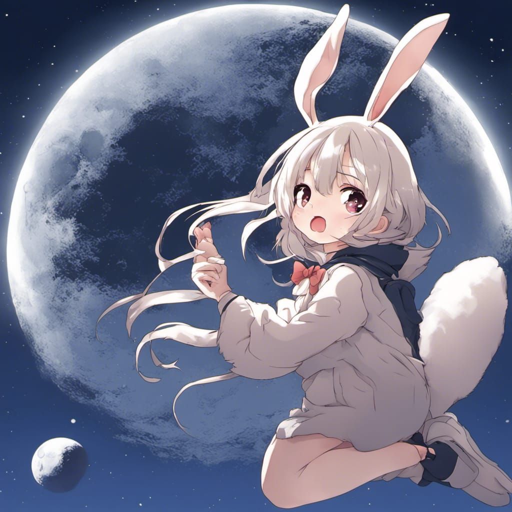 Cute Rabbit on the Moon in Anime Style