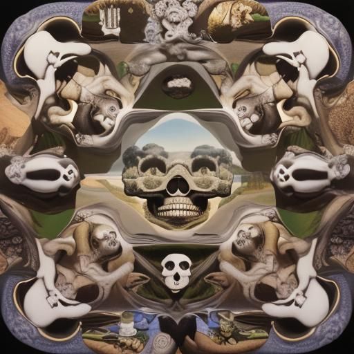 16k resolution, art by M.C. Escher, Salvador Dali, top-down perspective, two women at tea picnic, composition forming a ...