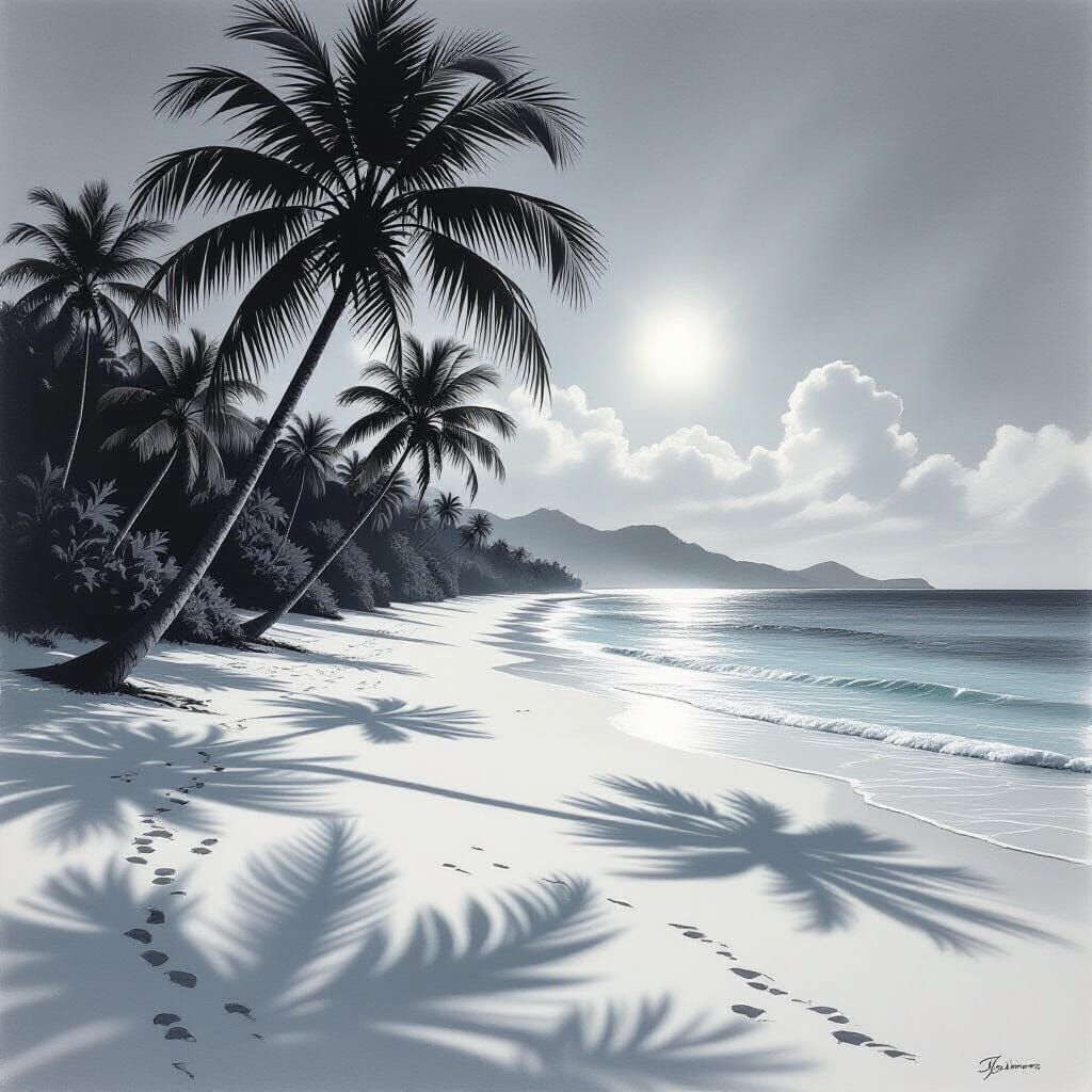Serene Tropical Beach in Charcoal Drawing Style