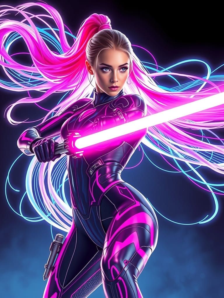 Cyberpunk Woman with Cyber Saber in Neon Glow