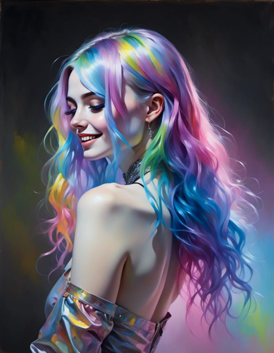 Rainbow Hair Portrait with Gentle Smile
