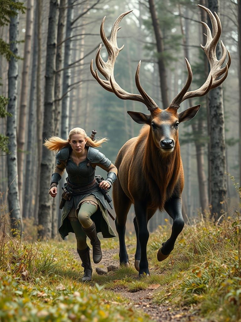 Elf and Stag Running Through Forest