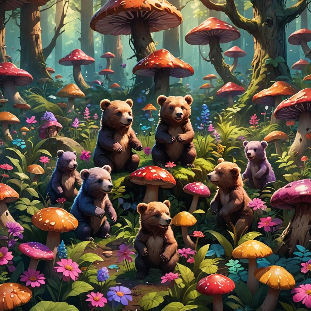 Colorful Baby Bears Playing in Mystical Forest