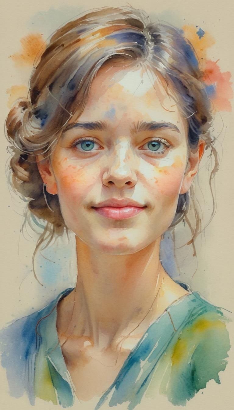 Impressionist Watercolor Portrait of Woman with Sketchbook