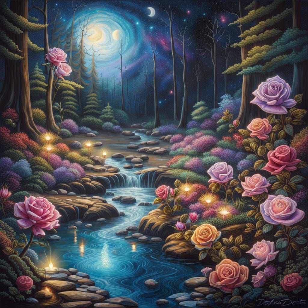 Crystal Roses on Moonlit Forest: Hyperrealistic Art
