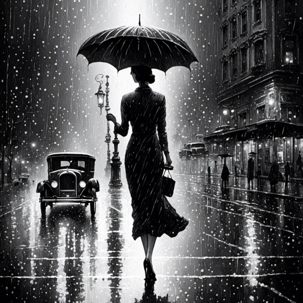 Ink Art: Woman with Umbrella in Rainy San Francisco