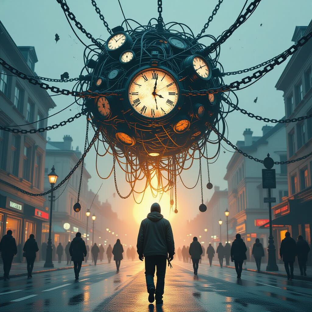 Tangled Time Pulls Figure Back Amidst Ethereal Lighting