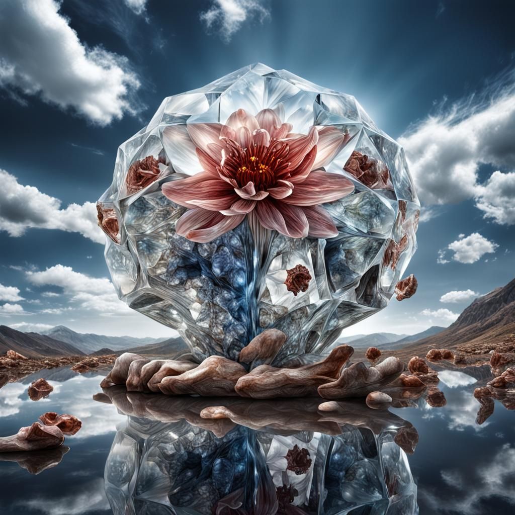 Human Anatomy Art Inside Crystal Flower Under Glossy Sky