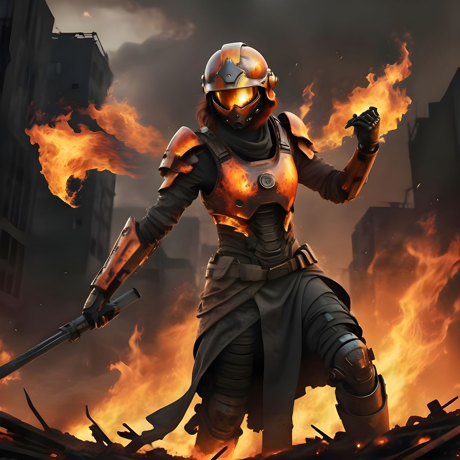 Fiery Female Humanoid in Dystopian Post-Apocalyptic Scene