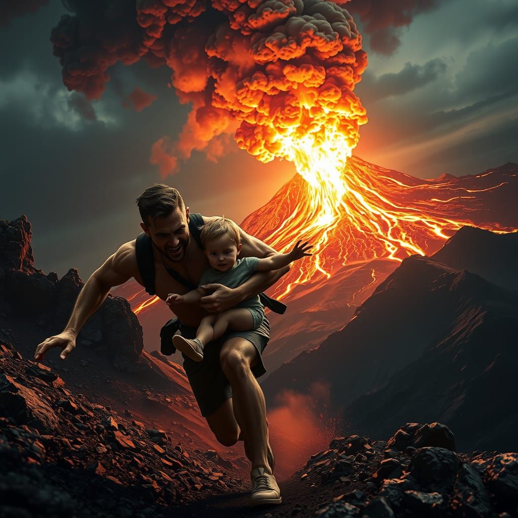 Father's Escape: Volcano Eruption in Dramatic Lighting