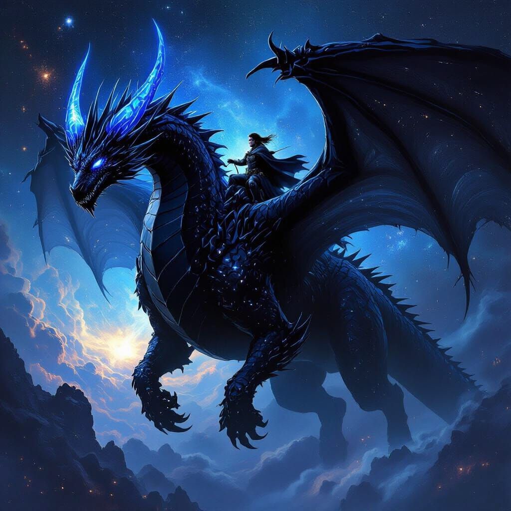 Colossal Black Dragon with Wizard, Epic Fantasy Art