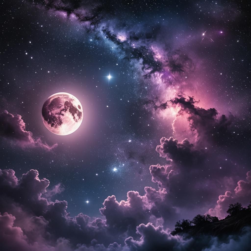 Luminous Moon Amidst Darkness and Stars: Space Art