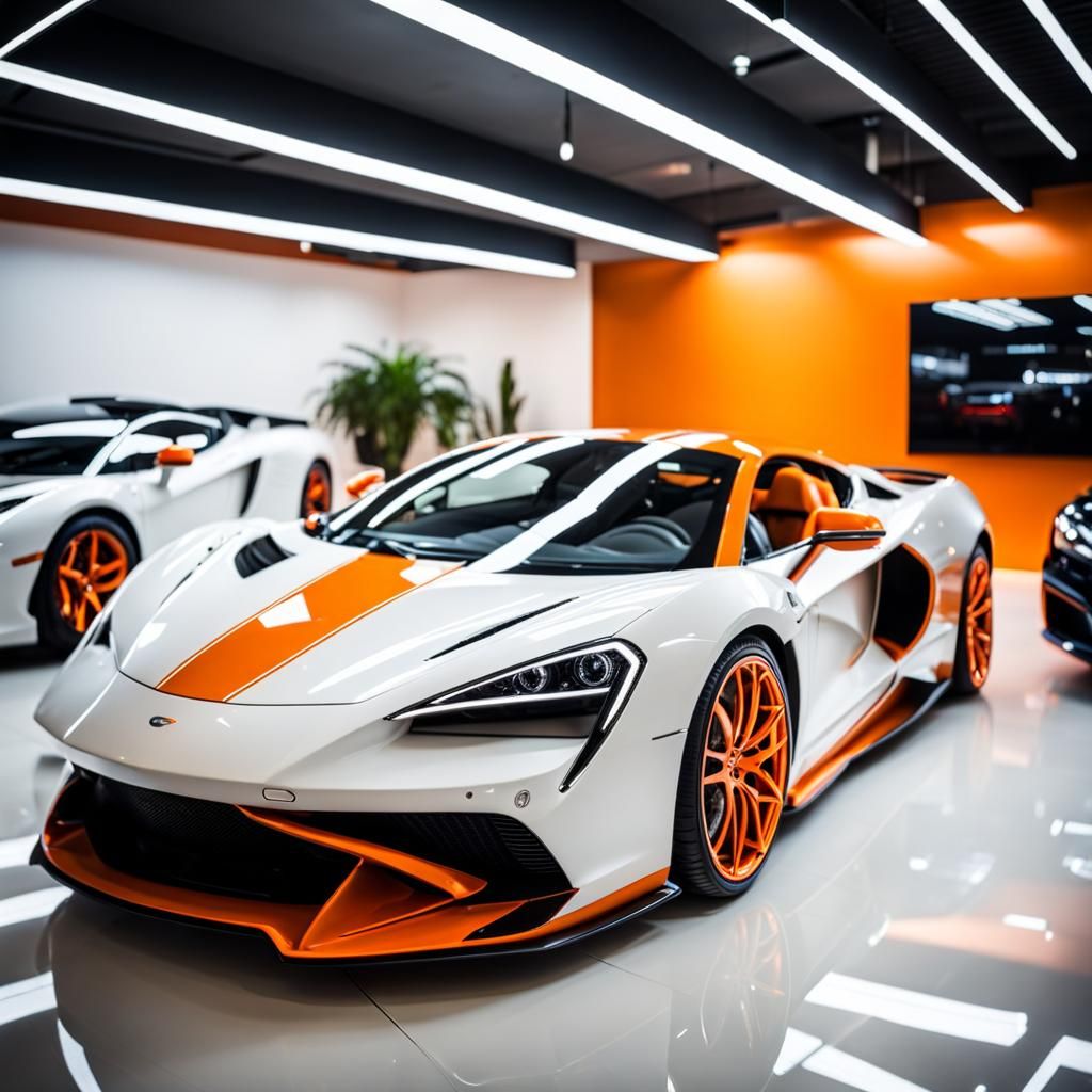 Orange Supercar Displayed in Modern Showroom