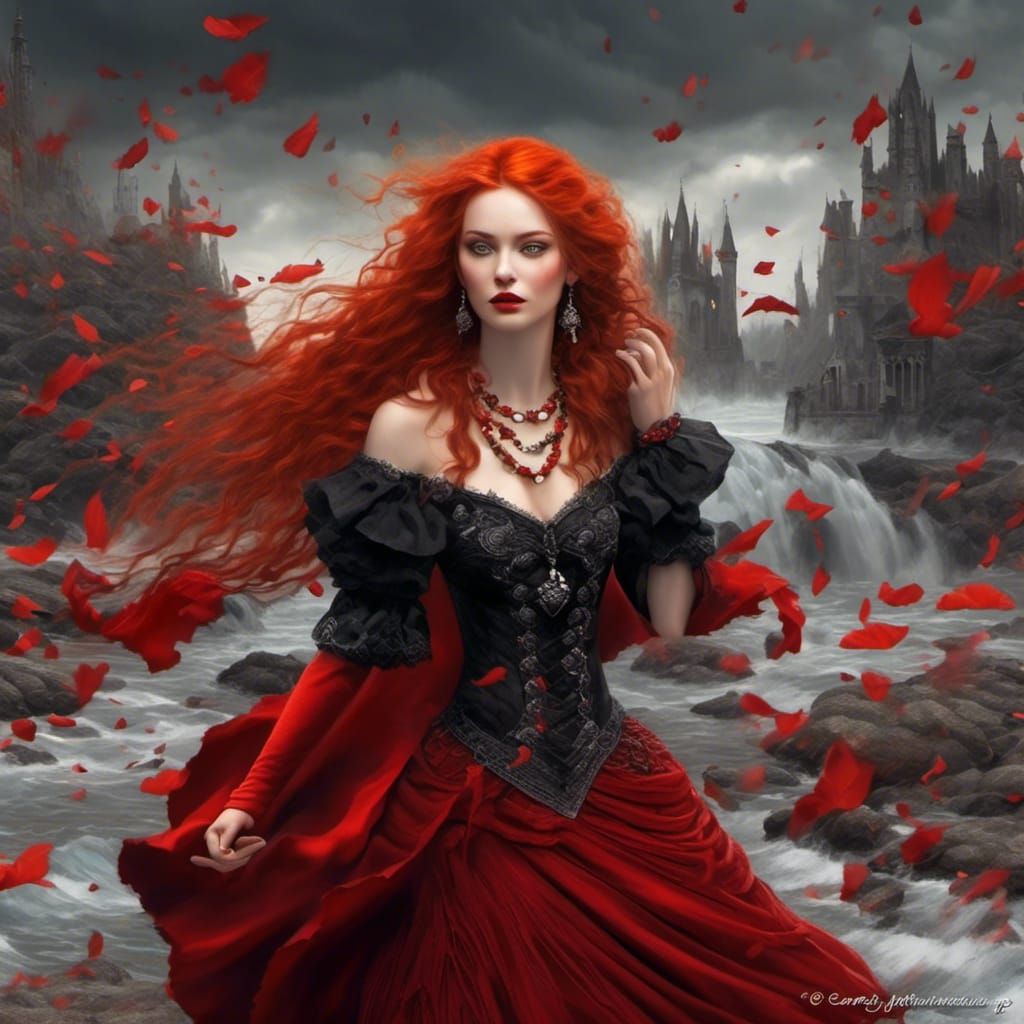 Beautiful Redhead in Gothic Dress, Detailed Matte Painting