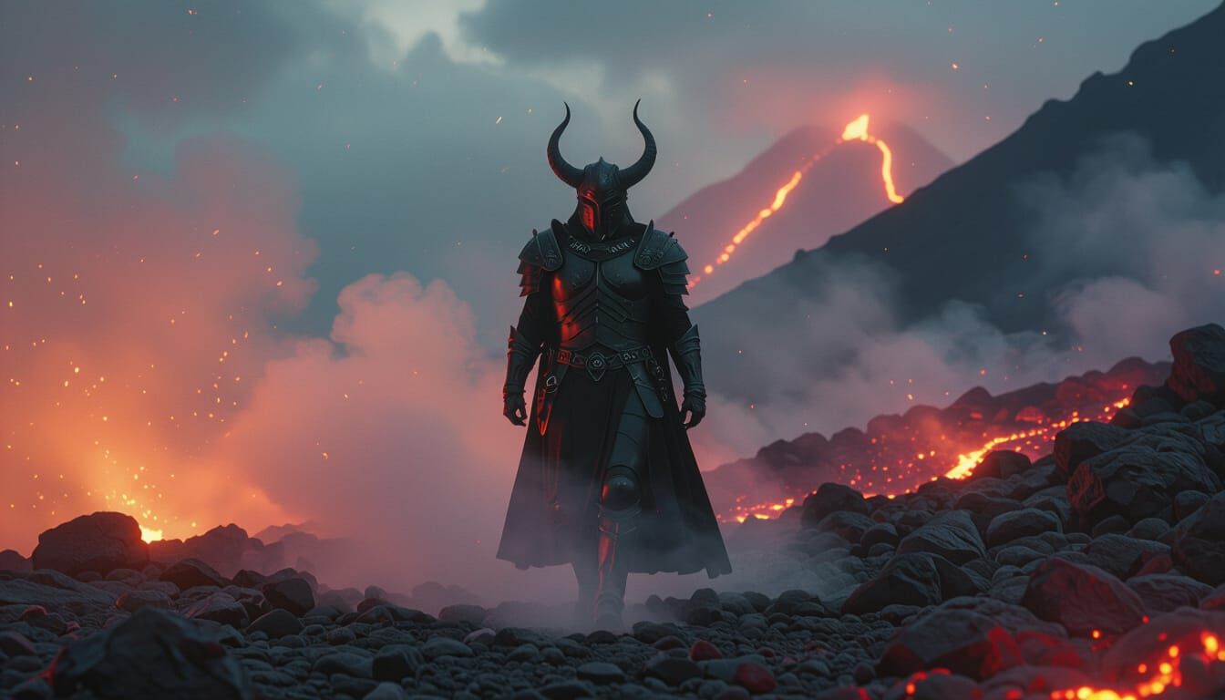 Armored Figure on Volcanic Peak, Cinematic Night Scene