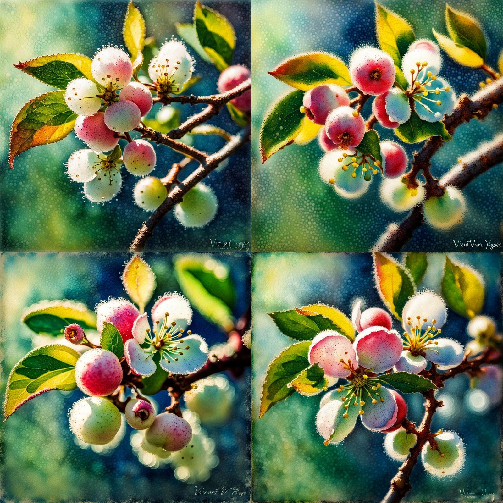 Pointillism Fine Art :: Backlit Pinkish White Crabapple Flowering Stem Closeup :: Intricate Detailing :: Blue Green Yell...