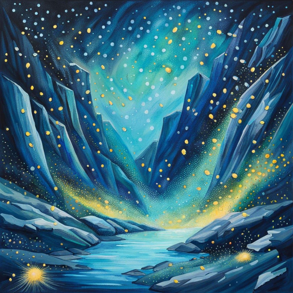 Glacier Surrounded by Fireflies in Gouache Style