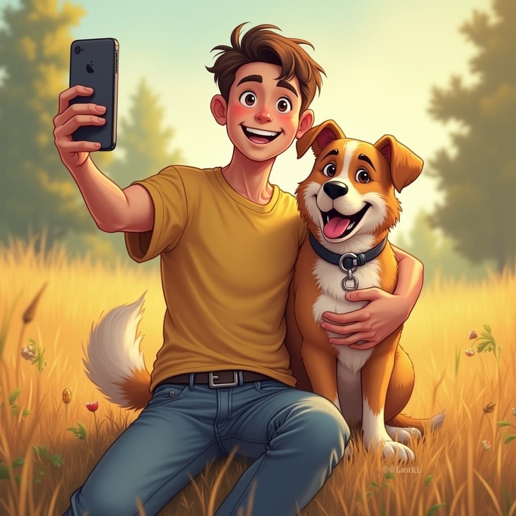 Young Man Takes Selfie with Loyal Dog in Sunny Outdoor Setti...