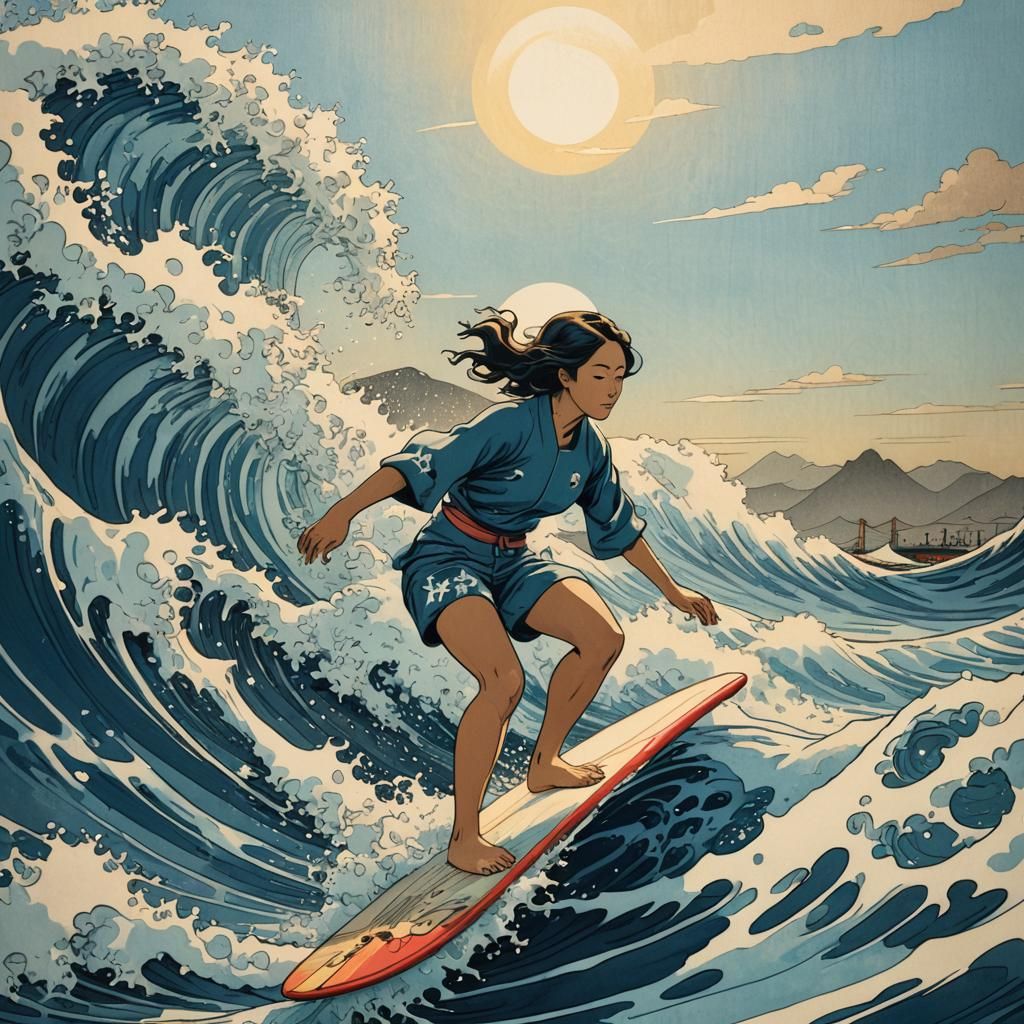 Girl Surfer Rides Hokusai Wave: Ukiyo-e Woodblock Art