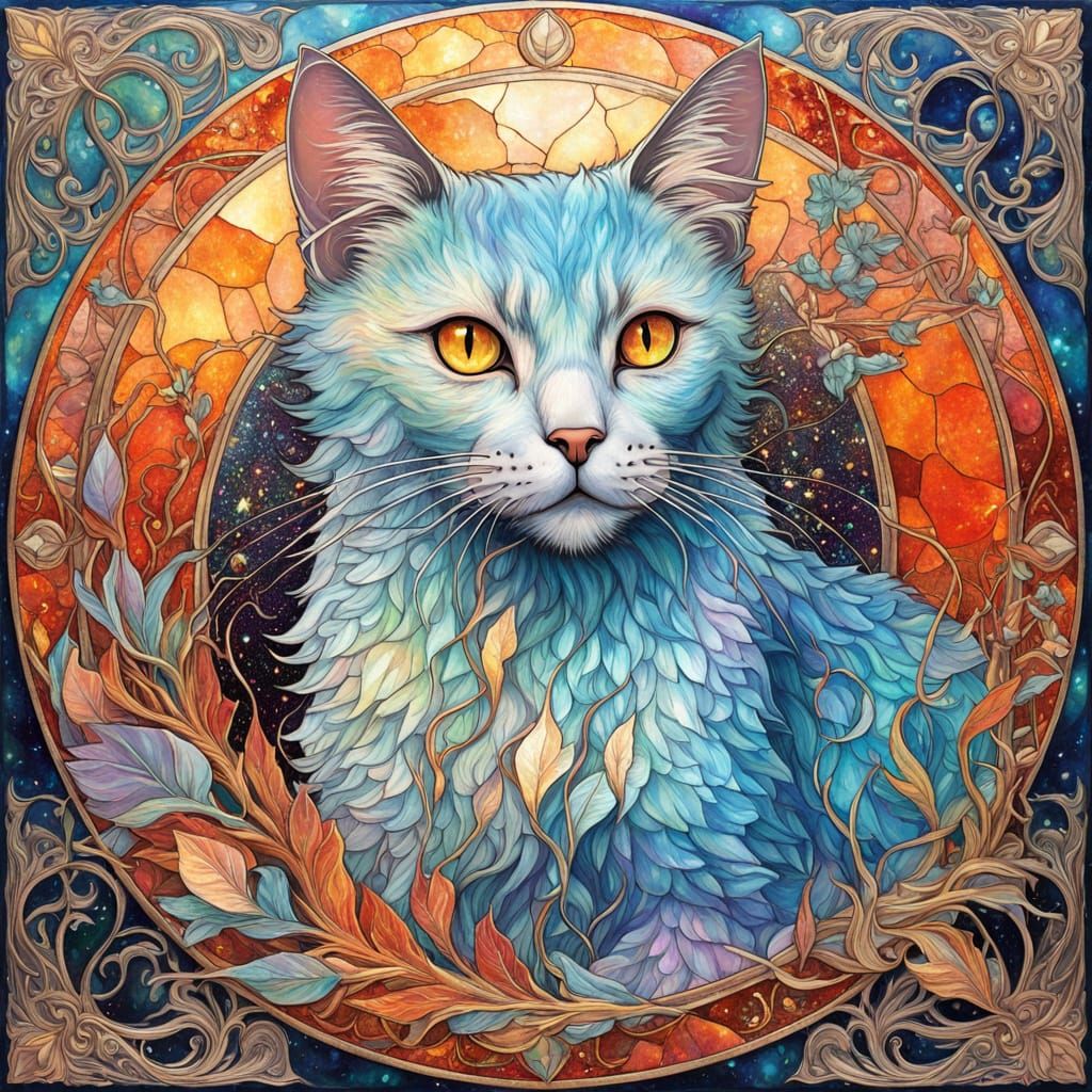 Mystical Whimsy: Cat Amidst Golden Ash and Mystic Flames