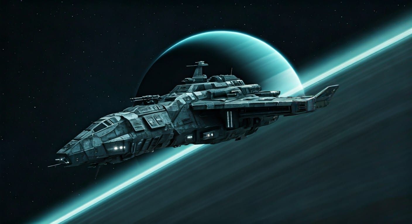 Futuristic Gunship Spacecraft near Saturn Rings