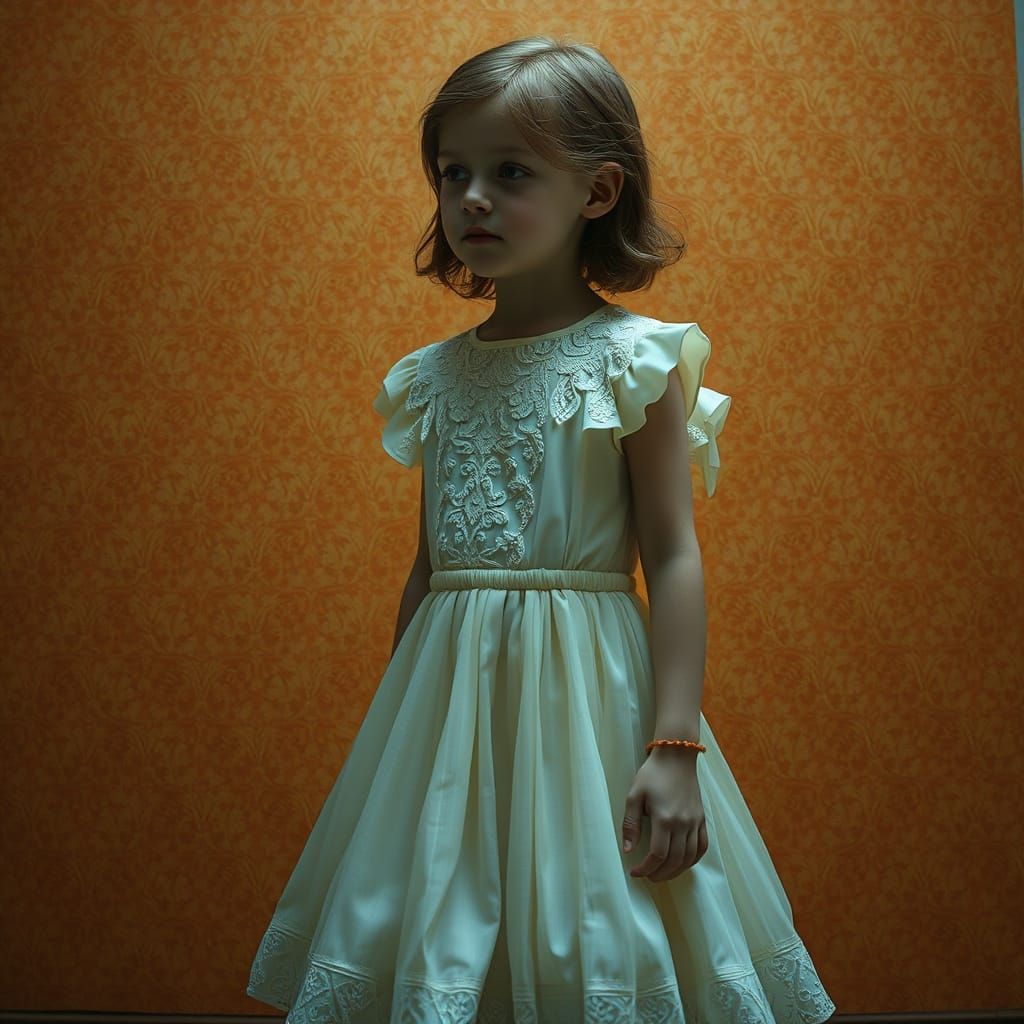 Surreal Girl in Dress Against Orange Wallpaper