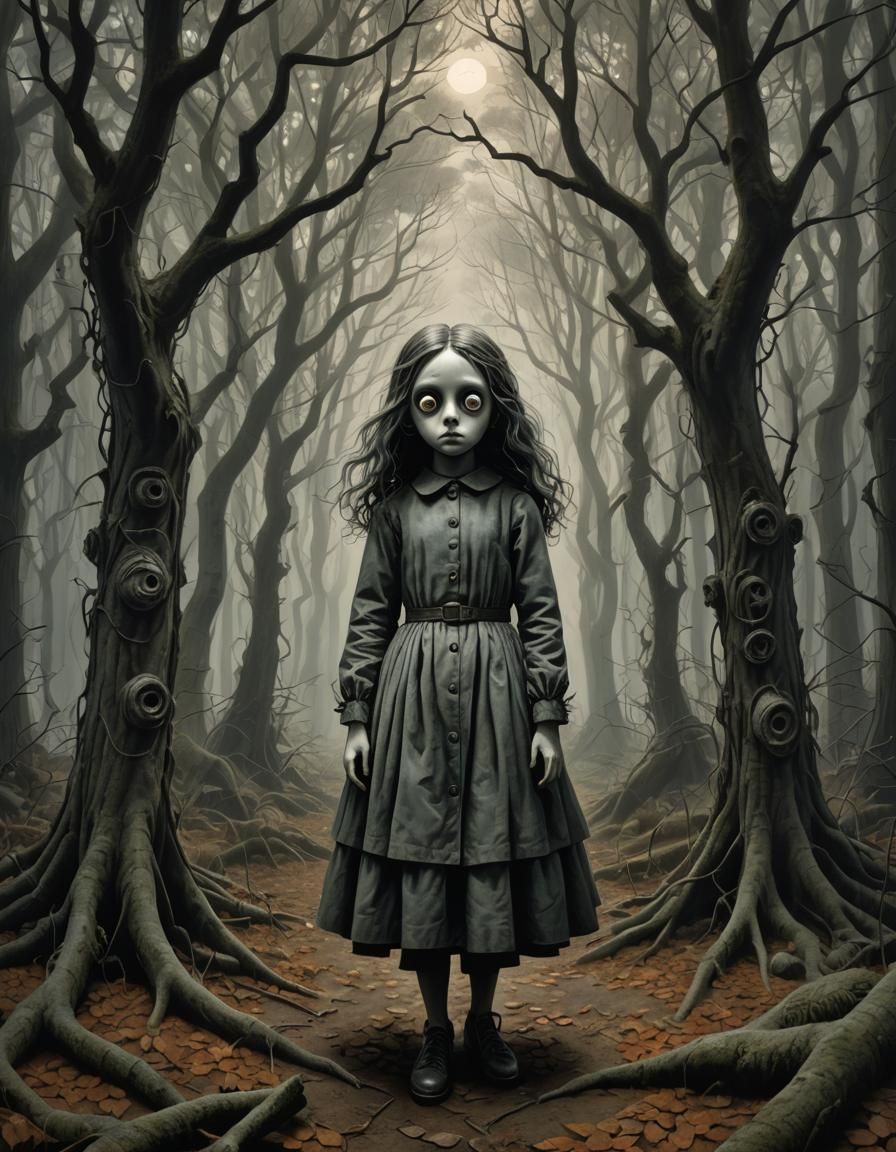 Sisyphean Girl in Forest with Electric Optical Illusions