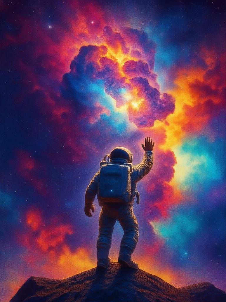 Astronaut Adrift in Nebula Reaching for Galaxy