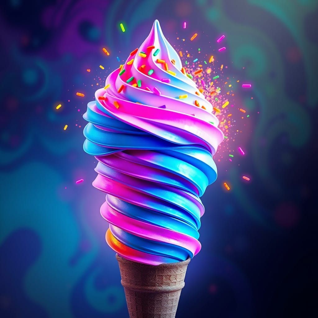 Vibrant Neon Ice Cream in a Futuristic Landscape